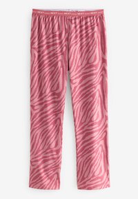 Rosa Schlafanzughosen mit einem Zebramuster, aus weichem Stoff gefertigt, mit einem elastischen Bund und einem Markenlabel.