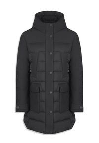 Long manteau d’hiver matelassé noir avec capuche, boutons-pression à l’avant, deux poches poitrine et deux poches à rabat près de la taille.