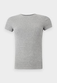 T-șirt gri cu mânecă scurtă, realizat dintr-un material ribbed, cu guler rotund. Are un design ajustat și o textură netedă, potrivit pentru îmbrăcămintea casual.