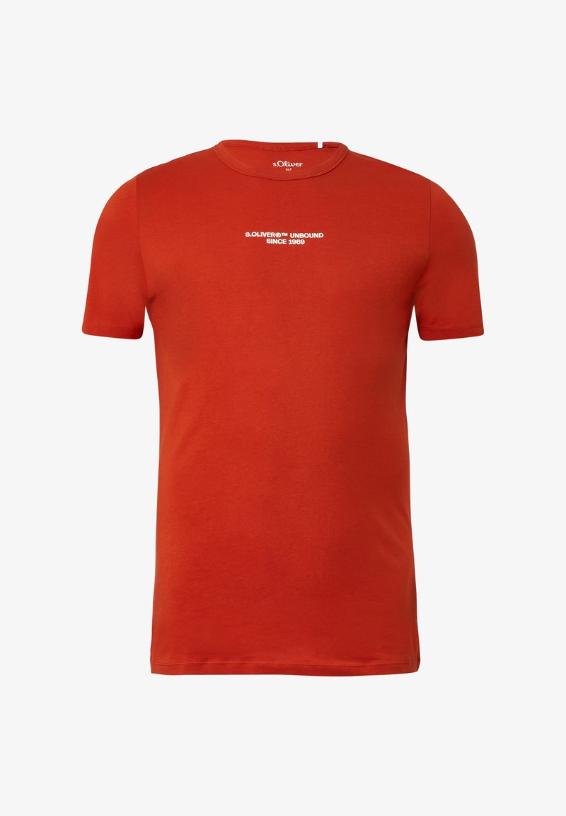Rust-colored short-sleeve t-shirt with white text "s.Oliver® Unbound Since 1969" centered on the chest.