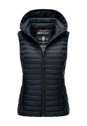 Veste matelassée bleu marine sans manches avec capuche et fermeture éclair devant, avec étiquette de la marque Marikoo à l'intérieur du col.
