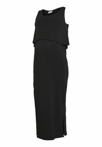 Black maternity dress with a layered top design, sleeveless, made of soft fabric, featuring a side slit for ease of movement.