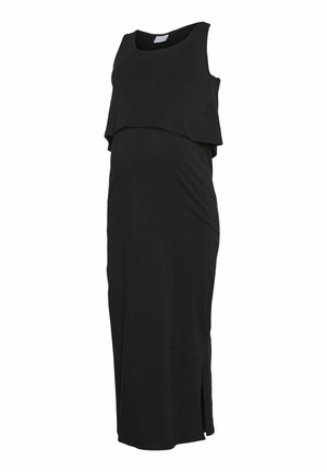 Melnas grūtniecības kleita ar slāņotu augšdaļu, bez piedurknēm, izgatavota no mīksta auduma, ar sānu šķēlumu ērtai kustībai.