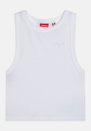 Crop top blanc côtelé sans manches avec un col rond et un petit logo Vingino discret sur le haut de la poitrine.