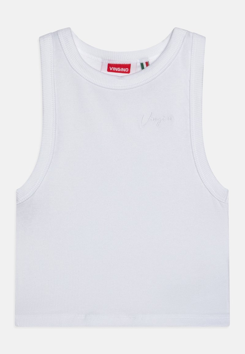 Crop top blanc côtelé sans manches avec un col rond et un petit logo Vingino discret sur le haut de la poitrine.