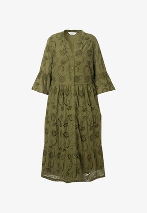 Olivgrünes Kleid mit Knopfleiste, ausgestellt geschnittenen Ärmeln, gestaffeltem Design und floralem Stickerei-Muster auf dem Oberteil und dem Saum.