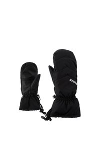 Moufles isolantes noires avec un design matelassé, des poignets élastiques et une paume texturée pour une meilleure adhérence. Logo de la marque affiché sur le côté.