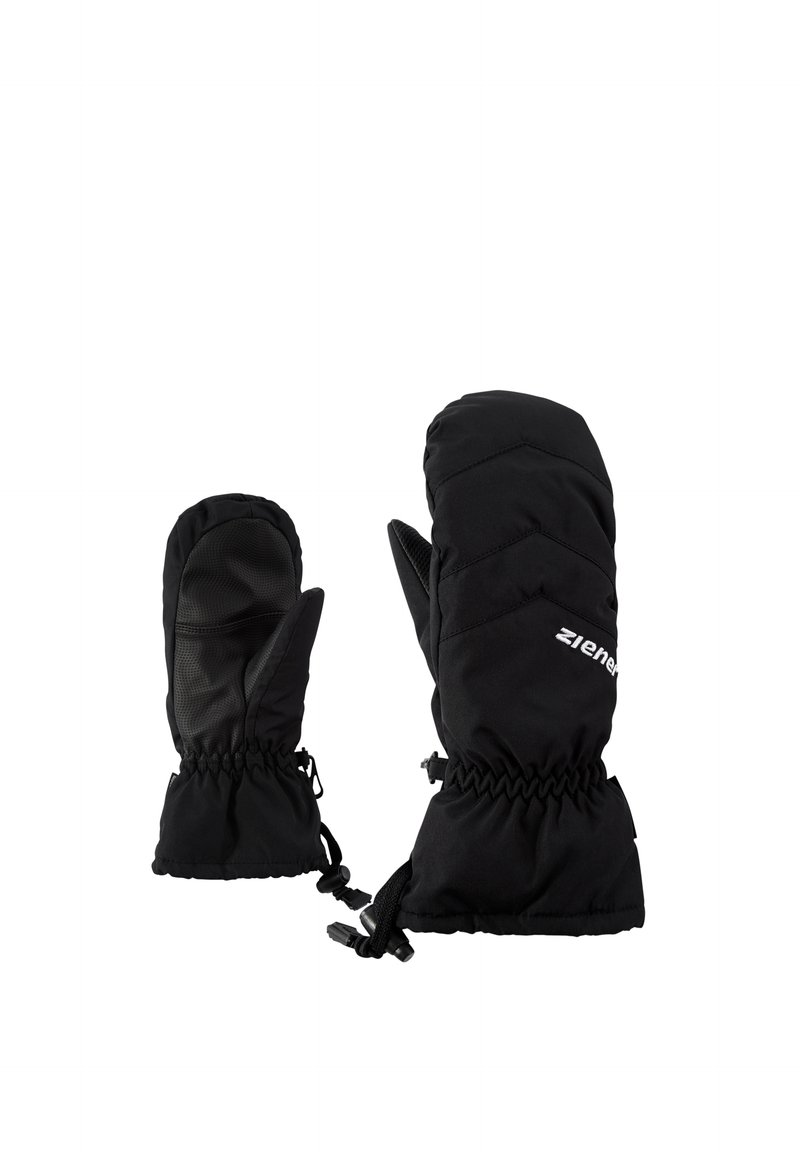 Moufles isolantes noires avec un design matelassé, des poignets élastiques et une paume texturée pour une meilleure adhérence. Logo de la marque affiché sur le côté.