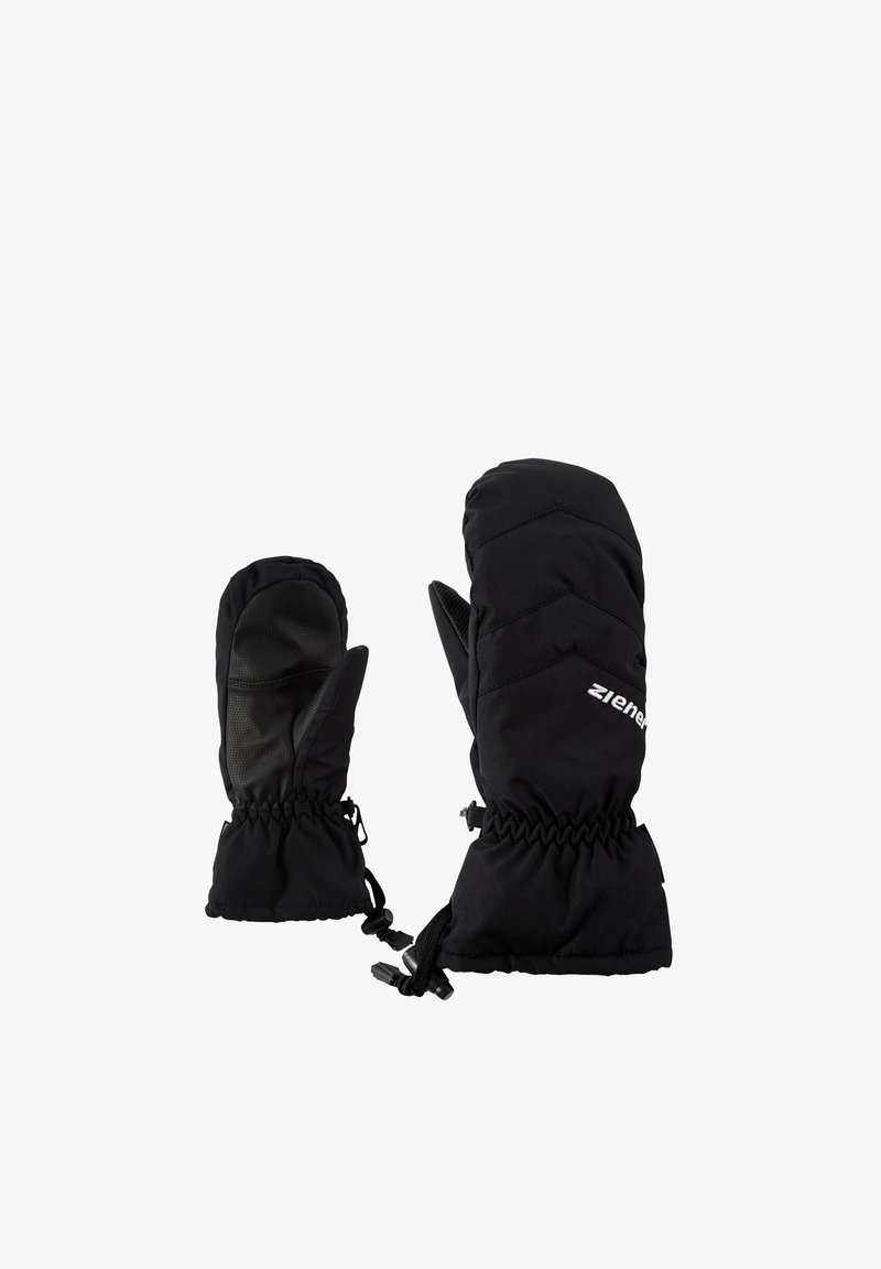 Moufles isolantes noires avec un design matelassé, des poignets élastiques et une paume texturée pour une meilleure adhérence. Logo de la marque affiché sur le côté.