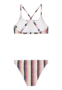 Conjunto de bikini a rayas que incluye un sujetador con tirantes cruzados en rosa, crema y azul marino, y una parte inferior a juego, hecho de una suave tela elástica.