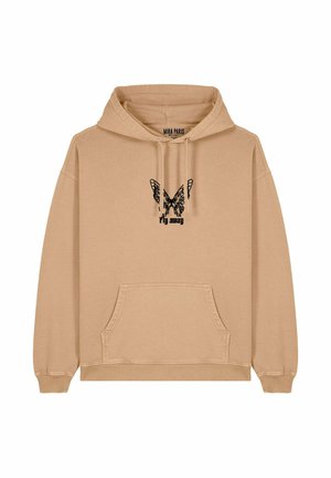 Beige hoodie met een voorzak, voorzien van een zwart vlinderontwerp en de tekst "fly away". Gemaakt van zachte stof, met ribgebreide manchetten en zoom.