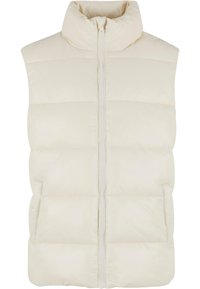 Cream-colored puffer vest with a high collar, front zipper, and side pockets. Features quilted panels for insulation and a smooth finish.