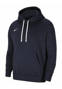 Dunkelblauer Kapuzenpullover mit weißen Kordeln, vorderer Kängurutasche, gerippten Bündchen und Saum, mit einem kleinen weißen Nike-Swoosh-Logo auf der Brust.