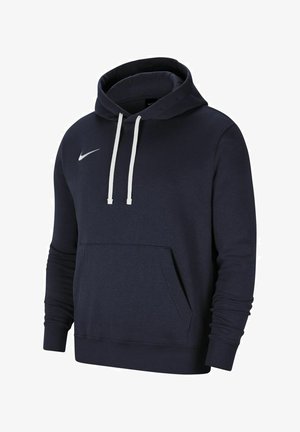 Navyblauwe hoodie met witte trekkoorden, voorste kangoeroezak, ribgebreide manchetten en zoom, met een klein wit Nike swoosh-logo op de borst.