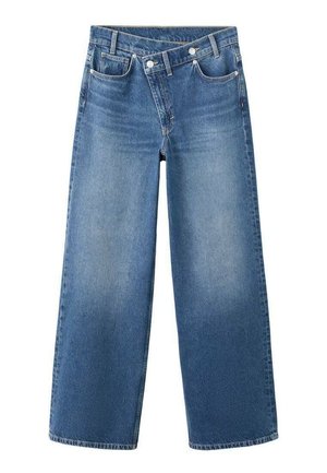 Jeans de mezclilla azul de pierna ancha con diseño clásico de cinco bolsillos, cierre de botones y lavado desvanecido con sutiles variaciones de textura.