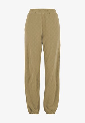 Bežīgas adītas bikses ar teksturētu, šaha rakstu. Elastīga josta un sašaurinātas kājas ar elastīgām aprocēm. Mīksts materiāls.