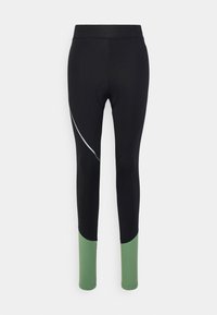Leggings ajustados negros con una sección inferior verde y detalles reflectantes en el lado. Confeccionados con tejido elástico para mayor comodidad y libertad de movimiento.