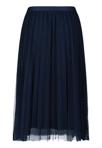 Gonna midi in tulle navy con design plissettato e cintura elastica. La texture trasparente aggiunge profondità, adatta per essere sovrapposta o indossata da sola.