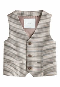 Chaleco infantil a cuadros beige y marrón con tres botones y una etiqueta "NEXT" en el interior del cuello, sin mangas y estilo entallado.