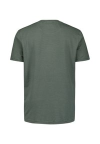 Korte mouw T-shirt in donkergroen met dunne witte horizontale strepen. Kenmerkt zich door een ronde hals en een ontspannen fit.