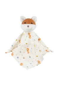 Soft plush fox security blanket with a brown and white head, patterned cloth featuring orange foxes, acorns, and colorful dots.