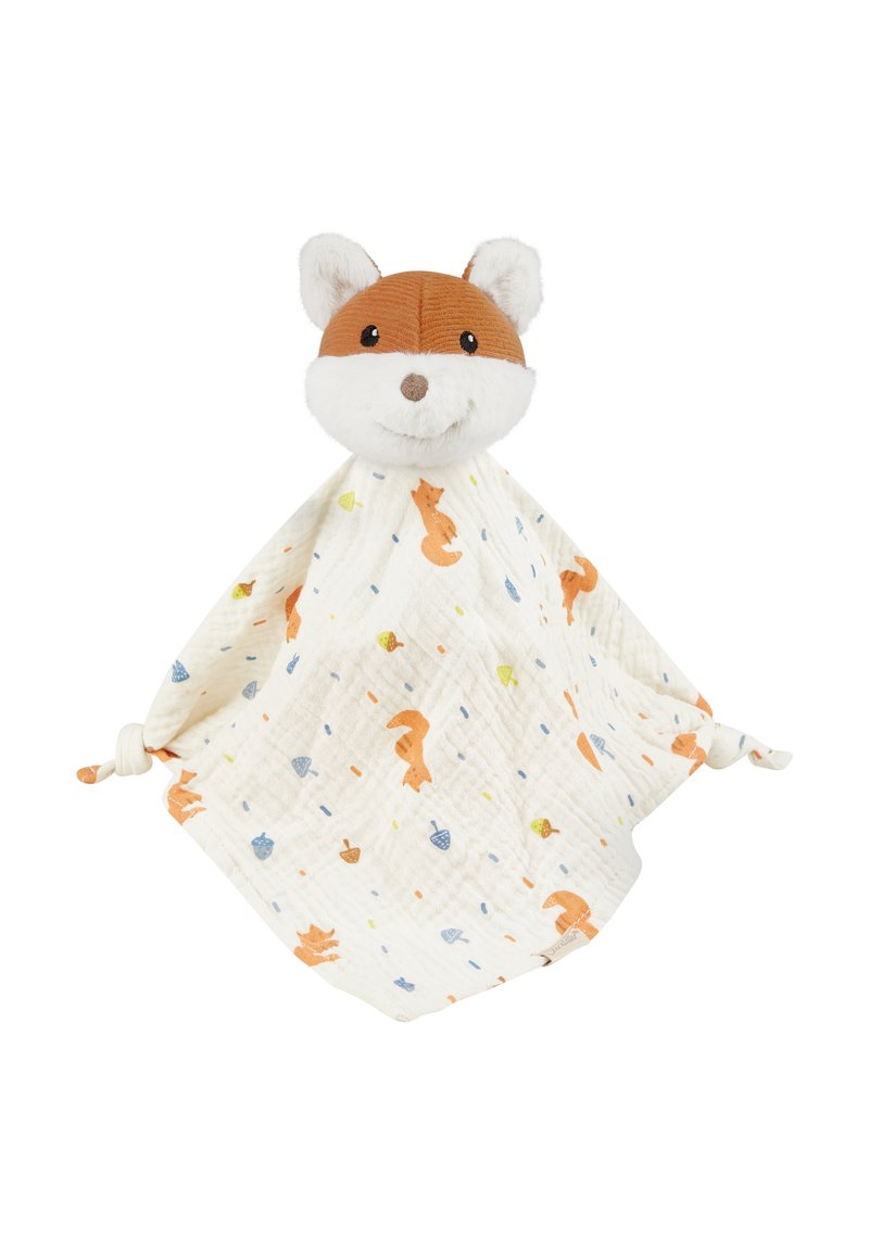 Soft plush fox security blanket with a brown and white head, patterned cloth featuring orange foxes, acorns, and colorful dots.