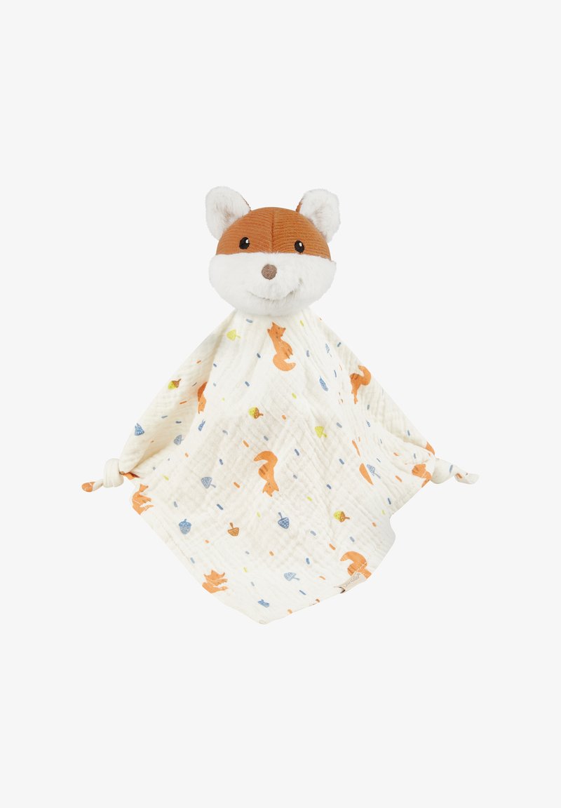 Soft plush fox security blanket with a brown and white head, patterned cloth featuring orange foxes, acorns, and colorful dots.