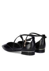 Bailarinas de cuero negro con punta afilada, diseño de tiras cruzadas y un acento dorado alrededor del tacón. Textura suave con detalles discretos.