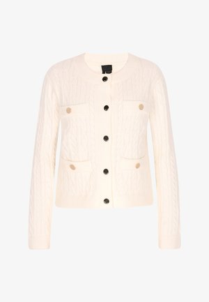 Krémová svetr s pleteným vzorom, okrúhlym výstrihom, čiernymi gombíkmi a dvoma náprsními vreckami. Obsahuje textúrované vzory a priliehavý strih.