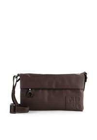 Sac marron texturé en matériau durable, avec rabat rabattable, fermeture éclair et sangle ajustable, orné du détail en relief "MD 30".