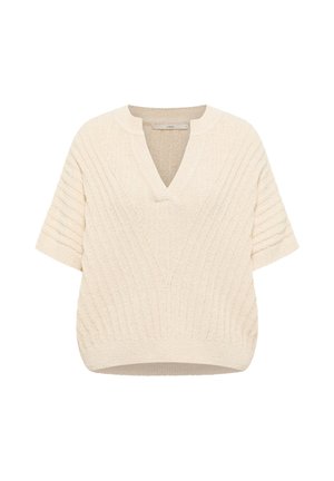 Ivory short-sleeve knitted sweater with V-neck and textured diagonal rib pattern on front and sleeves.