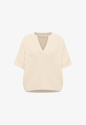 Ivory short-sleeve knitted sweater with V-neck and textured diagonal rib pattern on front and sleeves.