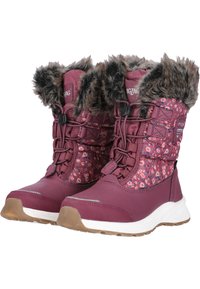 Paarse winterlaarzen met bloemenpatronen, nepbont afwerking en een rubberen zool. Voorzien van toggle-veters en een waterdicht ontwerp.