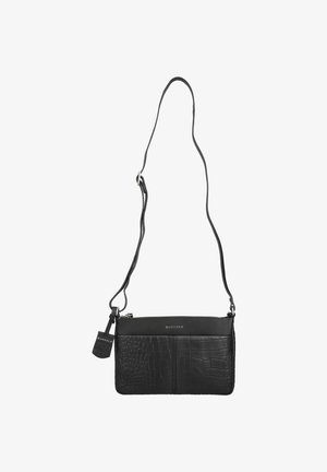 Lille sort skuldertaske med krokodilletekstur, justerbar rem, lynlås og Burkely-logo på fronten og mærket.