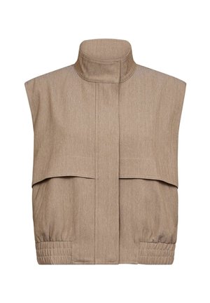 Bēšs bezroku jaka ar augstu apkakli, elastīgu jostasvieta, priekšējiem kabatām ar atloku un struktūrētu audumu modernā īsā dizainā.