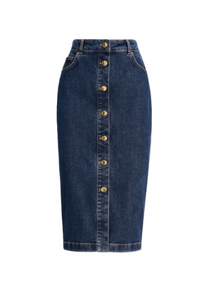 Dunkelblauer Jeans-Bleistiftrock mit taillierten Bund und Knopfverschluss vorne. Verfügt über goldfarbene Knöpfe und minimalistische Nähdetails.