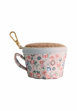 Kleine ronde stoffen zak met bloemenprint, ritssluiting, zachte bruine bovenkant, zijlus en gouden haakje om aan tassen of sleutels te bevestigen.