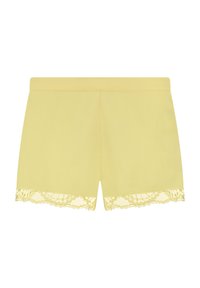 Gele shorts van zacht stof, met een geschulpte kantafwerking aan de zoom. Gladde textuur met een eenvoudig ontwerp en zonder zakken.
