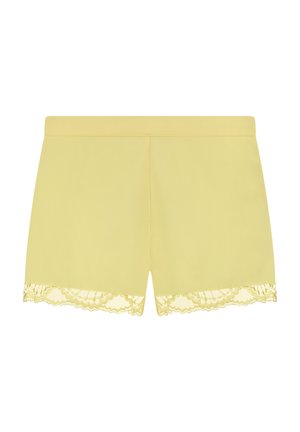 Gele shorts van zacht stof, met een geschulpte kantafwerking aan de zoom. Gladde textuur met een eenvoudig ontwerp en zonder zakken.