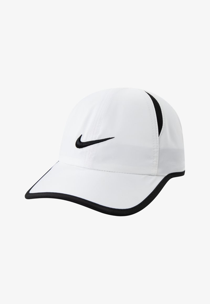 White cap with black accents and Nike logo. Features a curved visor, lightweight fabric, and breathable mesh panels.