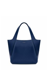 Námornícky modrá kožená taška přes rameno s minimalistickým designem, širokým otevřeným vrchem a dvojitými uchy. Obsahuje jemnou detailní loga na přední straně.