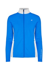 Chaqueta atlética azul con cuello blanco, cierre completo en el frontal, mangas largas, corte ajustado y detalle de logo en la manga. Textura de tela suave.