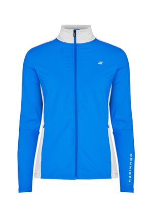 Blue athletic jacket with a white collar, full zip front, long sleeves, slim fit, and logo detail on the sleeve. Smooth fabric texture.