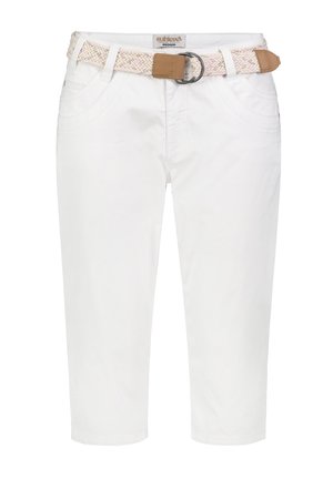 Weiße Hosen in mittlerer Länge mit Fronttaschen, einem geflochtenen beigen Gürtel mit Doppelschnalle und einem Größenlabel Medium am Taillenbund.