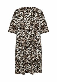 Leopardenmusterkleid mit kurzen Ärmeln, aus weichem Stoff gefertigt. Verfügt über helle und dunkle braune Flecken auf einem beigen Hintergrund. Ausgestelltes Design.