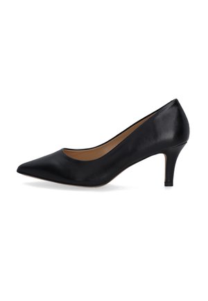 Black leather pump shoe with a pointed toe, moderate heel, and smooth texture. Simple design with no visible patterns or accents.