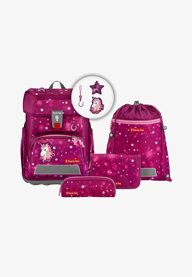 Lila Rucksack-Set mit Stern- und Einhornmotiven, bestehend aus strukturiertem Stoff, mehreren Fächern sowie einem passenden Zugbeutel und einem Etui.