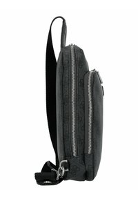 Gray patterned crossbody bag with two zippered compartments, adjustable strap, and silver hardware accents. Flat design and synthetic material.