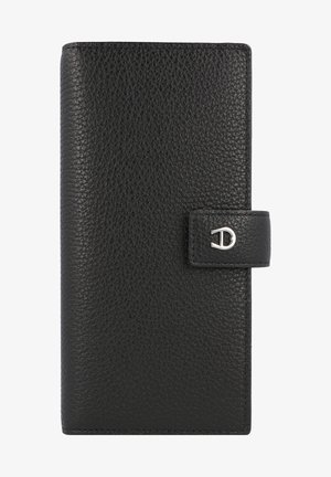 Schwarzes Lederportemonnaie mit strukturiertem Oberflächen, ausgestattet mit einem Druckverschluss und silbernen Hardware-Details. Rechteckige Form, elegantes Design.