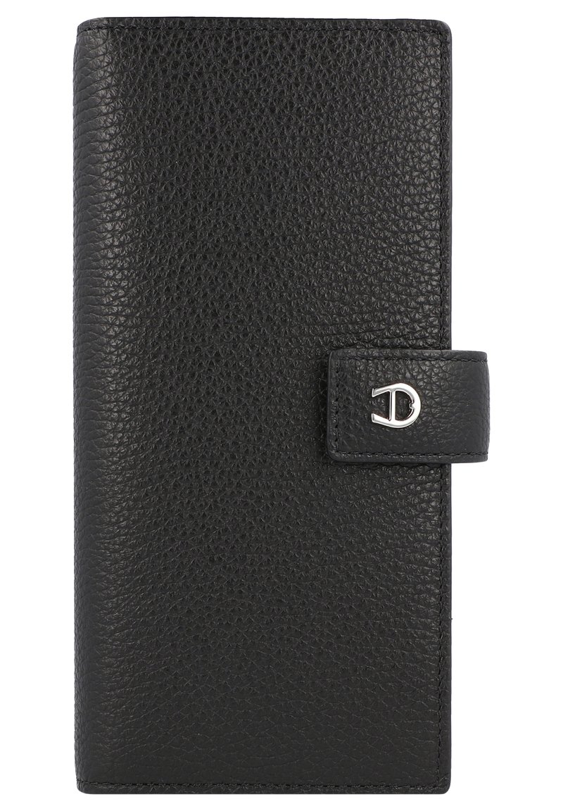 Schwarzes Lederportemonnaie mit strukturiertem Oberflächen, ausgestattet mit einem Druckverschluss und silbernen Hardware-Details. Rechteckige Form, elegantes Design.